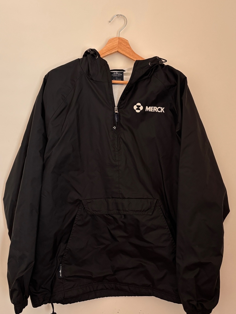 Charles River Apparel Black Hooded Pullover Windbreaker with Merck Logo